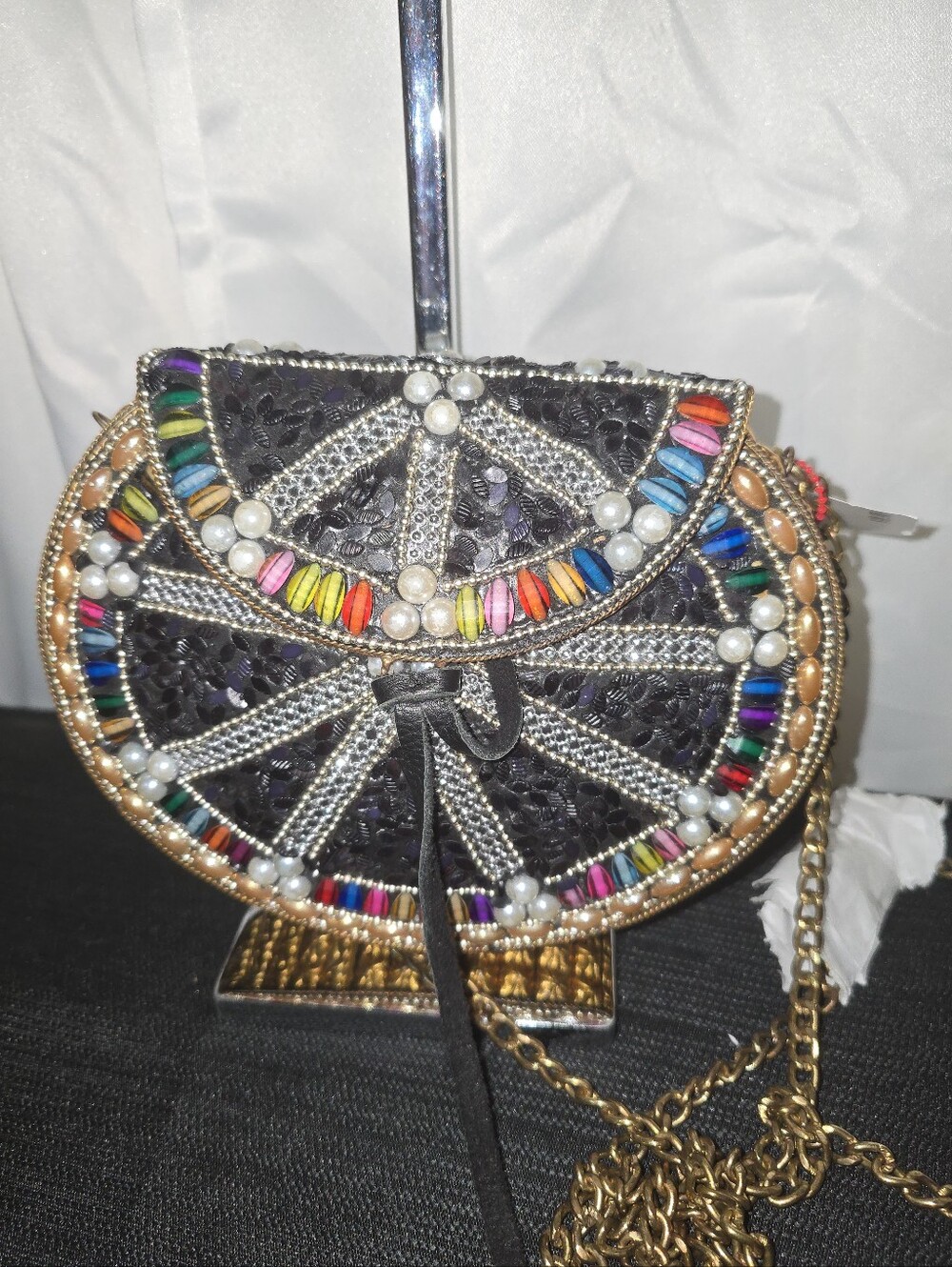 LULU Vintage Embellished Black Semicircle Crossbody Bag with Multicolor Beads